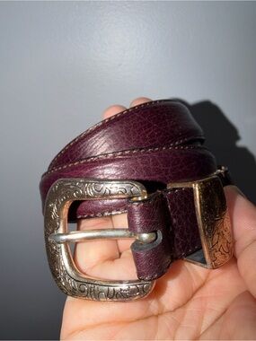 Full Grain Cowhide Leather Belt 36 Burgundy Silver Tone Buckle USA Style